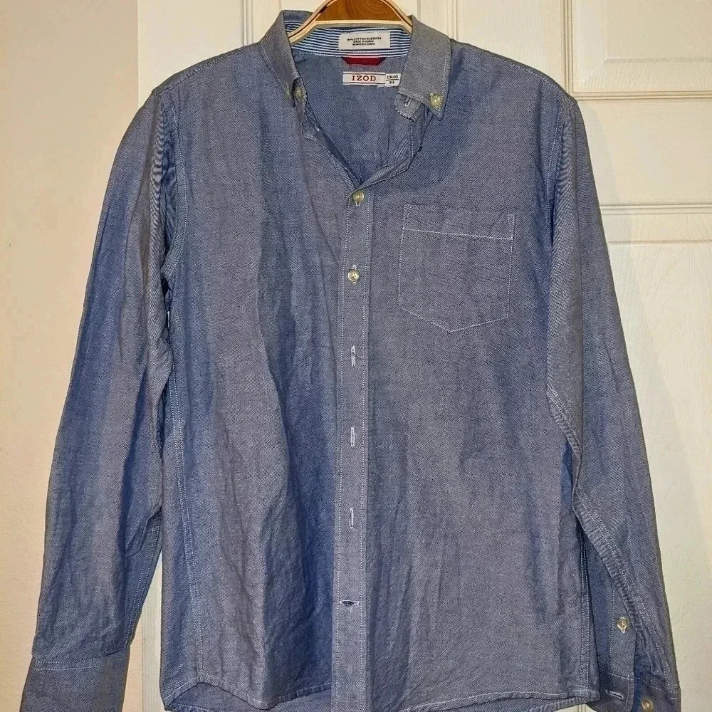 Boys Izod Size L 14-16 Regular Button Up Shirt Light Blue L/S Denim‎